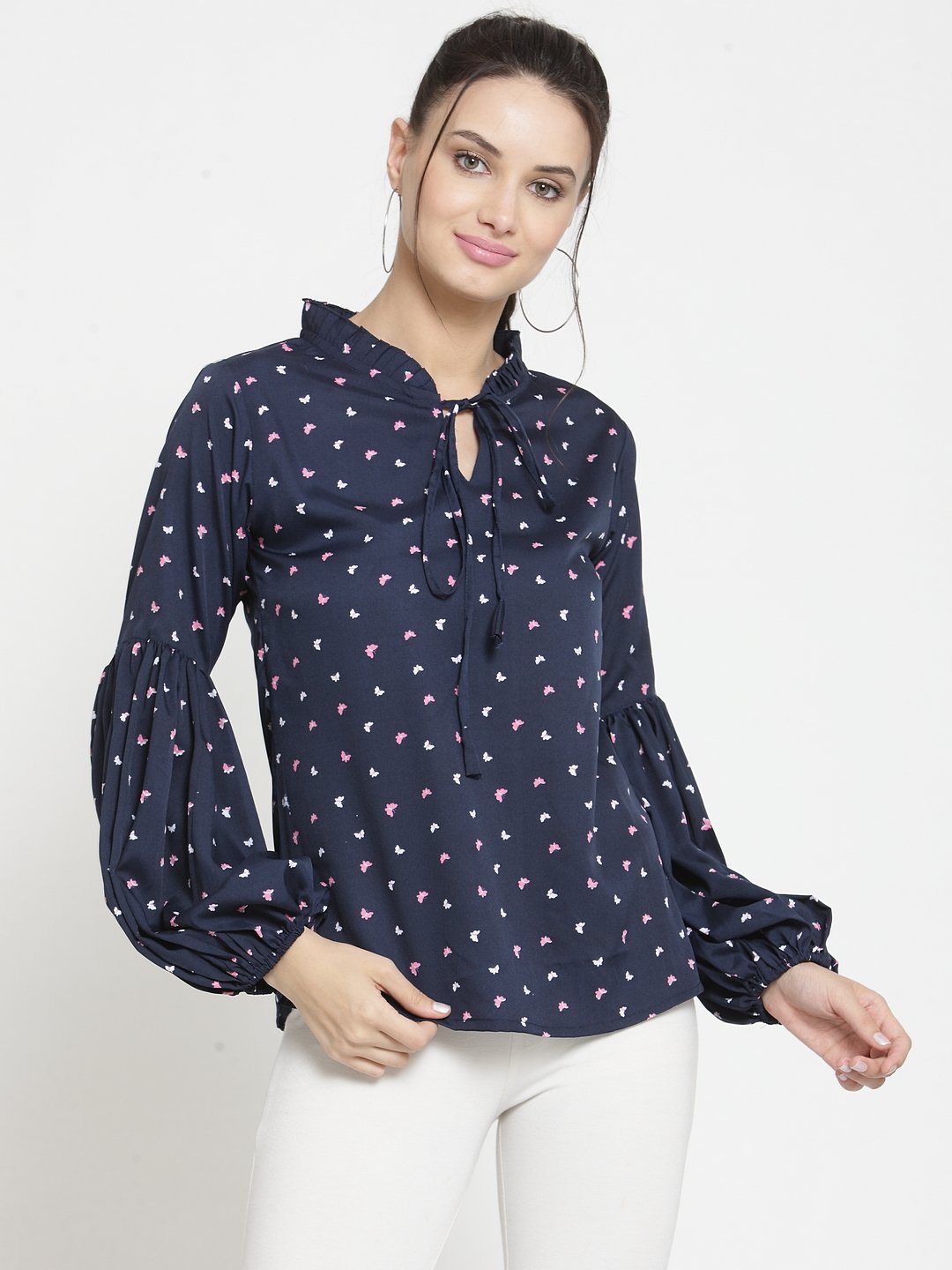 ZARVEY Casual Puff Sleeve Printed Women Blue Top