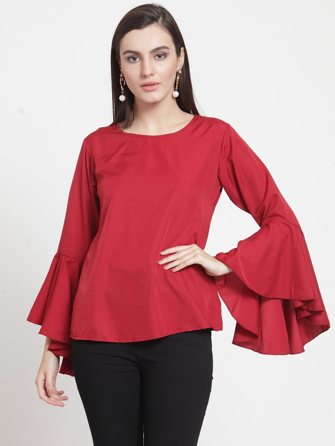 ZARVEY Casual Bell Sleeve Solid Women Maroon Top