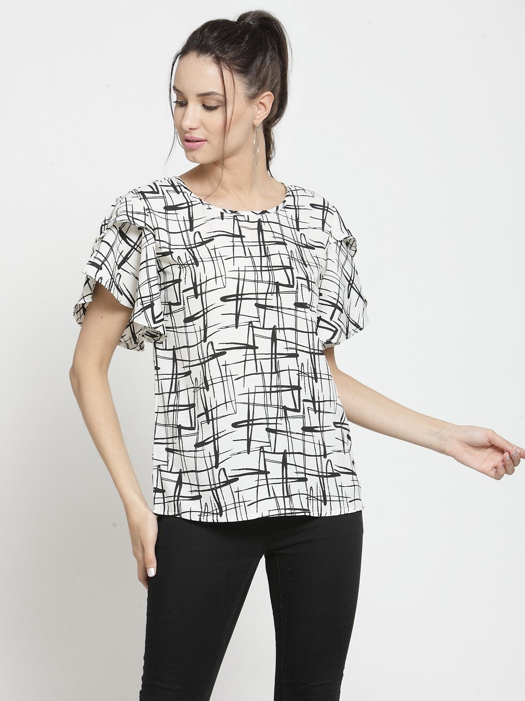 ZARVEY Casual Ruffled Sleeve Printed Women Multicolor Top