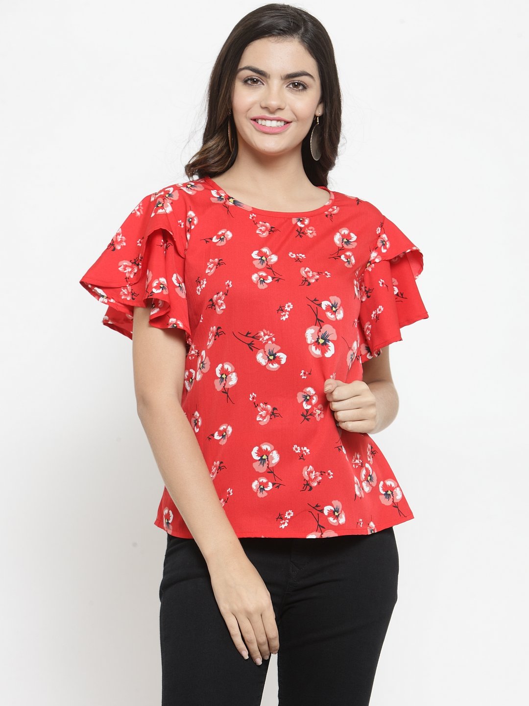 ZARVEY Casual Flared Sleeve Printed Women Red Top