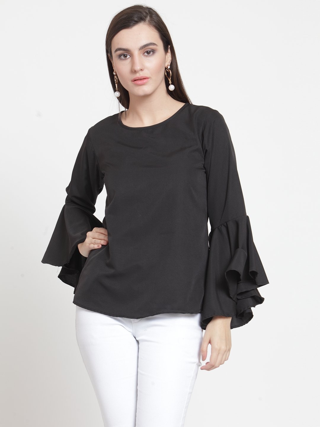 ZARVEY Casual Bell Sleeve Solid Women Black Top