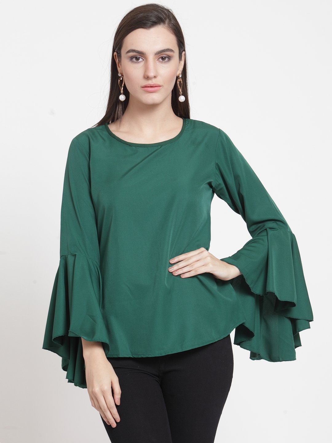 ZARVEY Casual Bell Sleeve Solid Women Dark Green Top