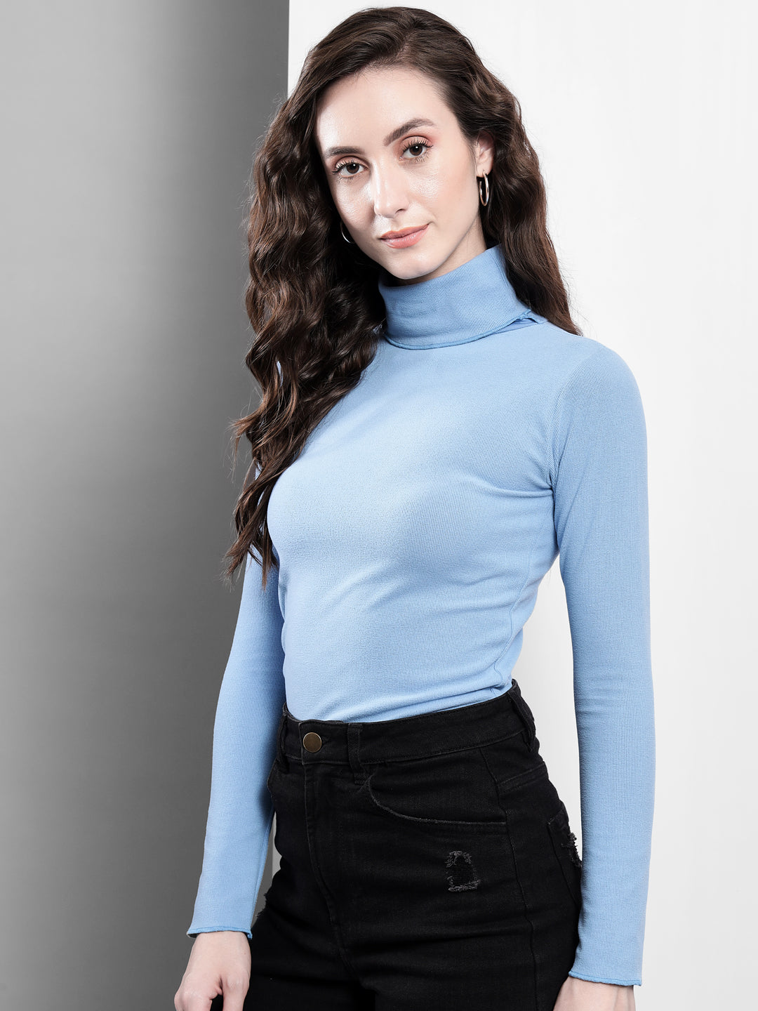 TANDUL  Solid Collared Neck Casual Women Blue Sweater