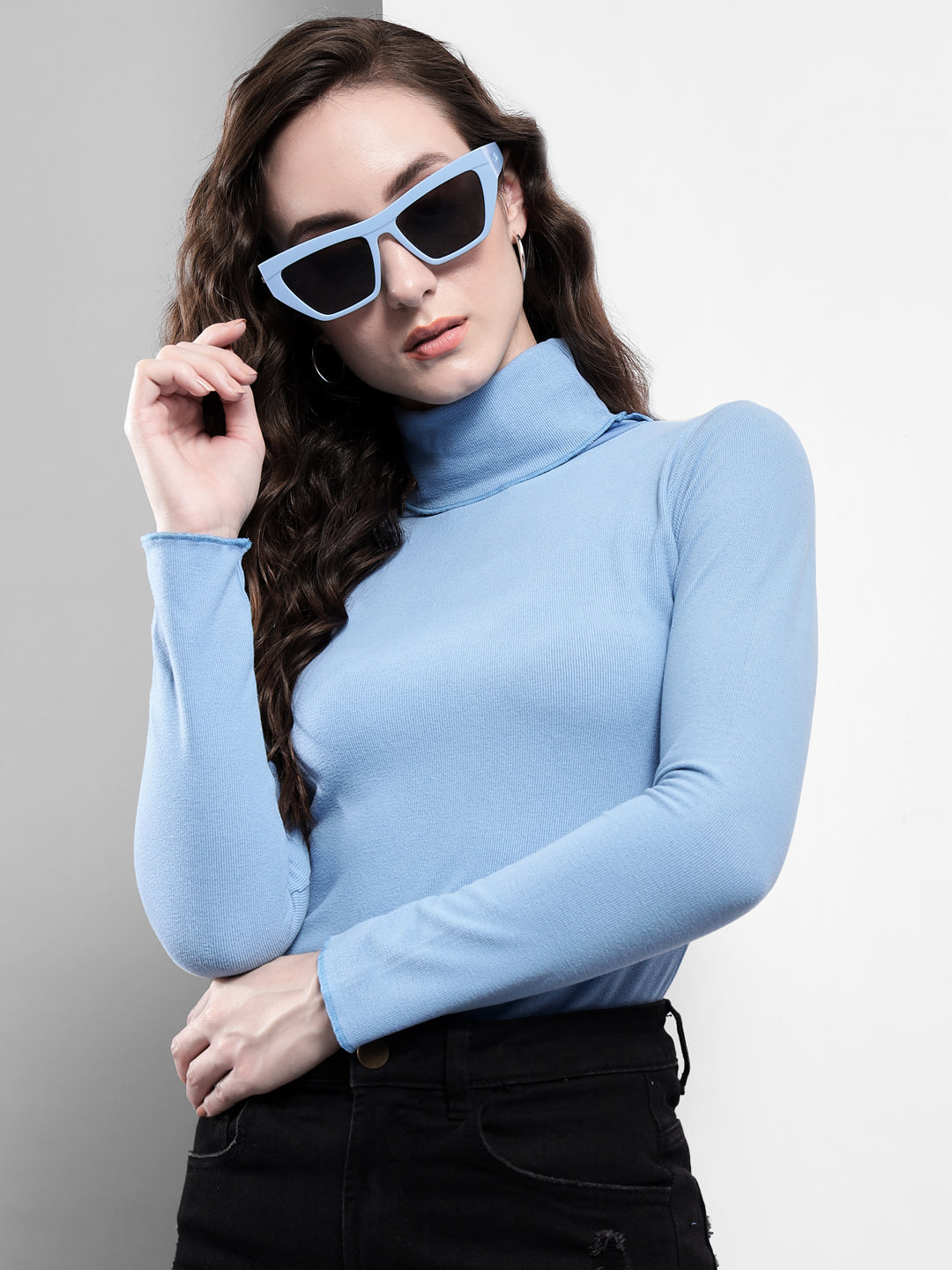 TANDUL  Solid Collared Neck Casual Women Blue Sweater