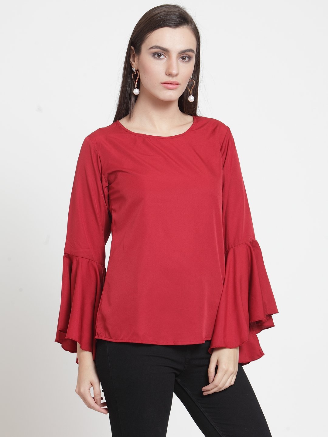 ZARVEY Casual Bell Sleeve Solid Women Maroon Top