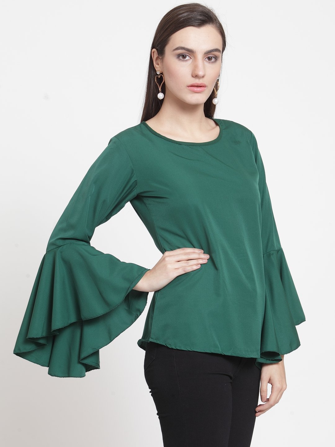 ZARVEY Casual Bell Sleeve Solid Women Dark Green Top