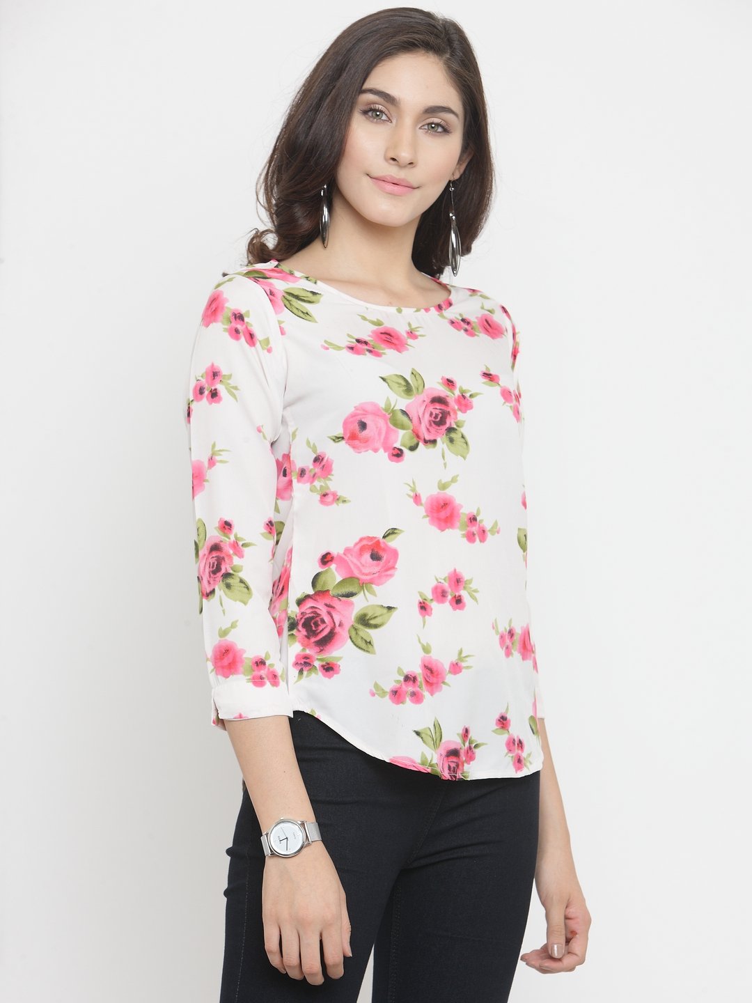 TANDUL Casual 3/4 Sleeve Floral Print Women Multicolor Top