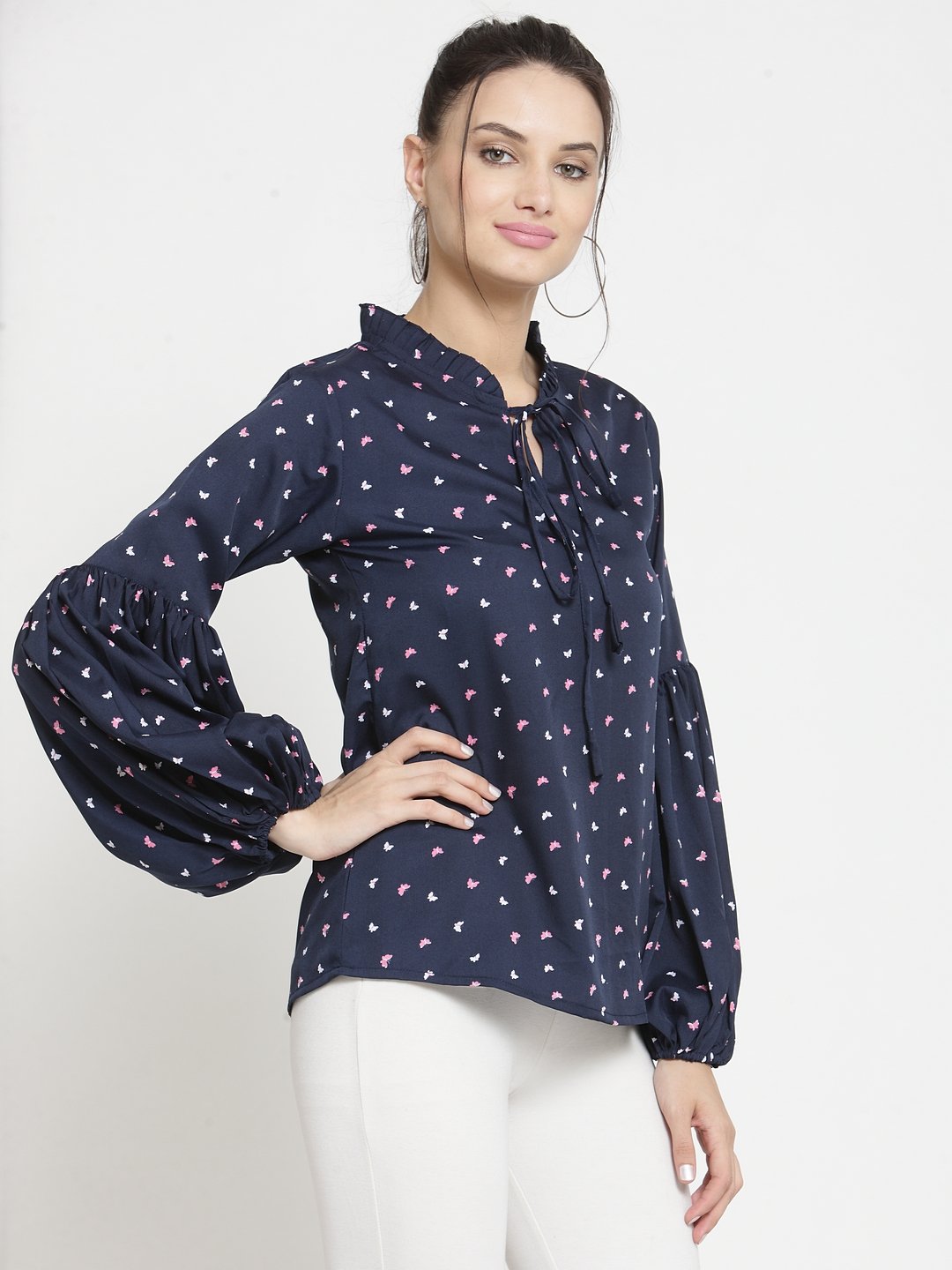 ZARVEY Casual Puff Sleeve Printed Women Blue Top