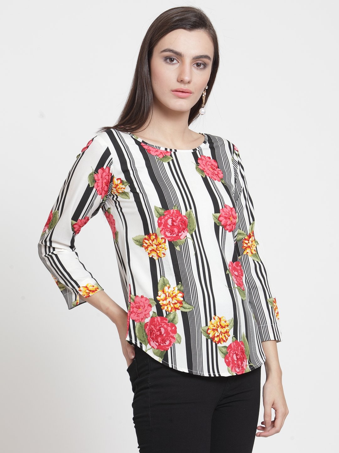 ZARVEY Casual 3/4 Sleeve Printed Women Multicolor Top