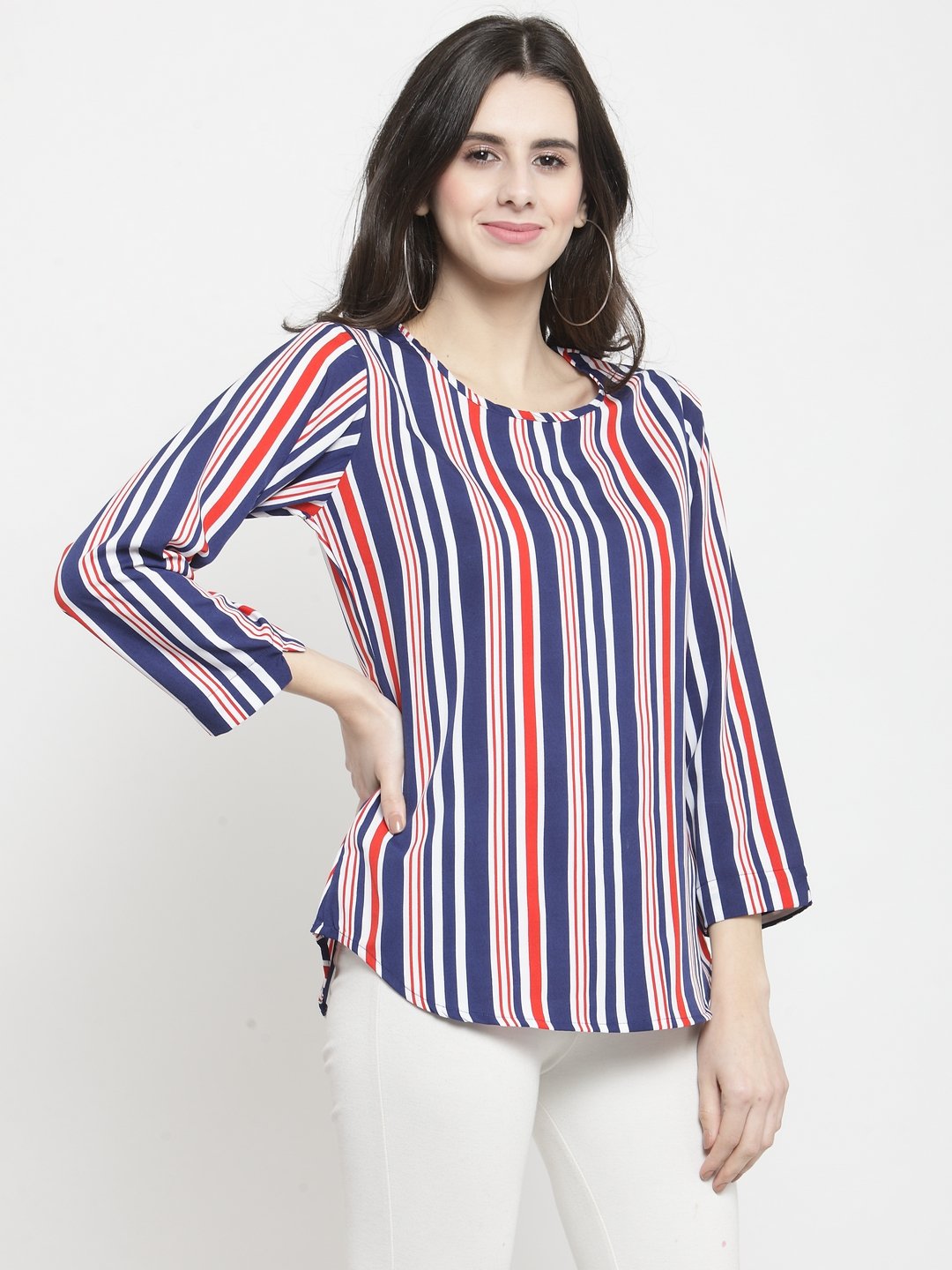 ZARVEY Casual Regular Sleeve Striped Women Red, White, Blue Top