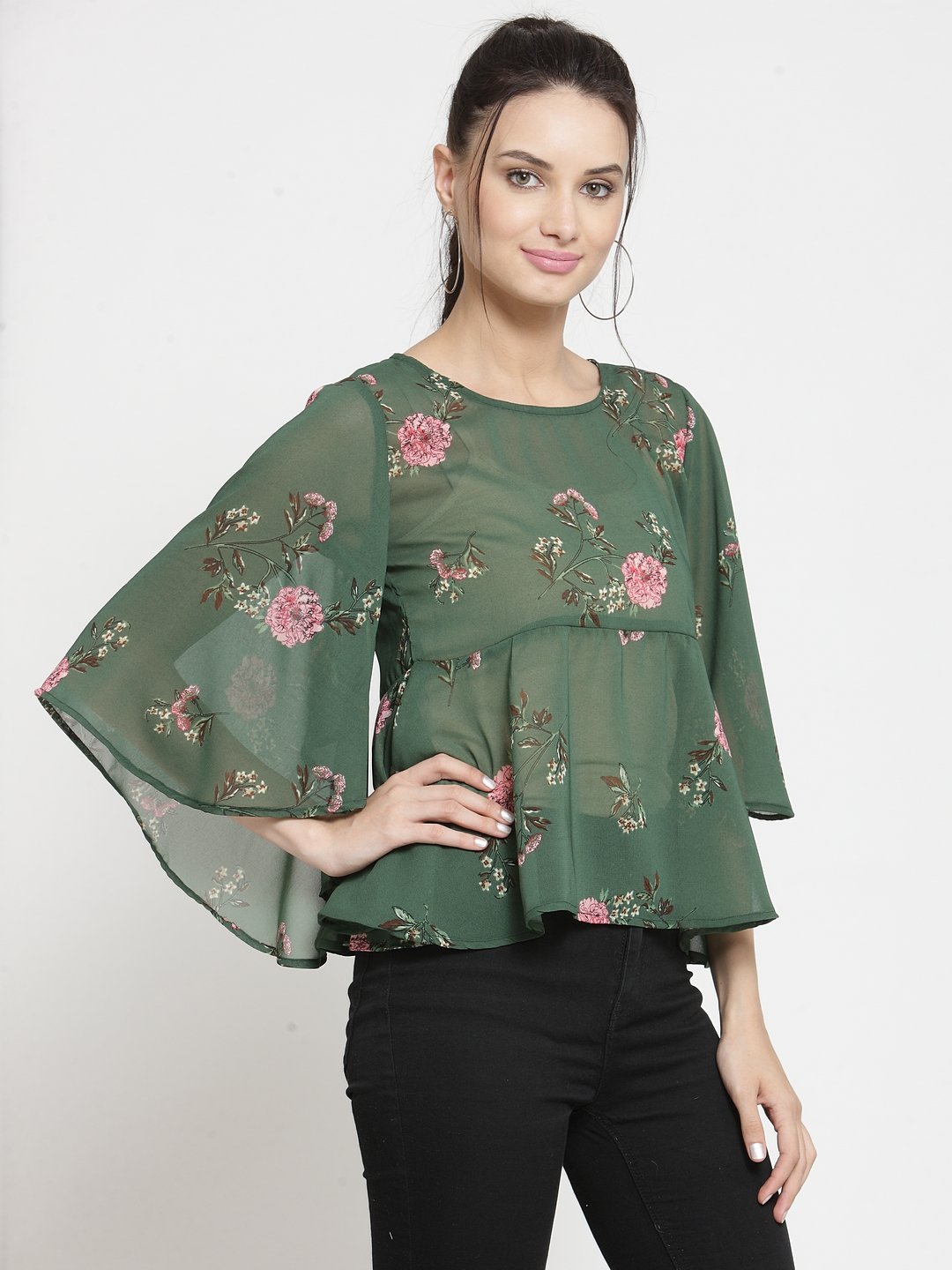 ZARVEY Casual Flared Sleeve Printed Women Dark Green, Pink Top