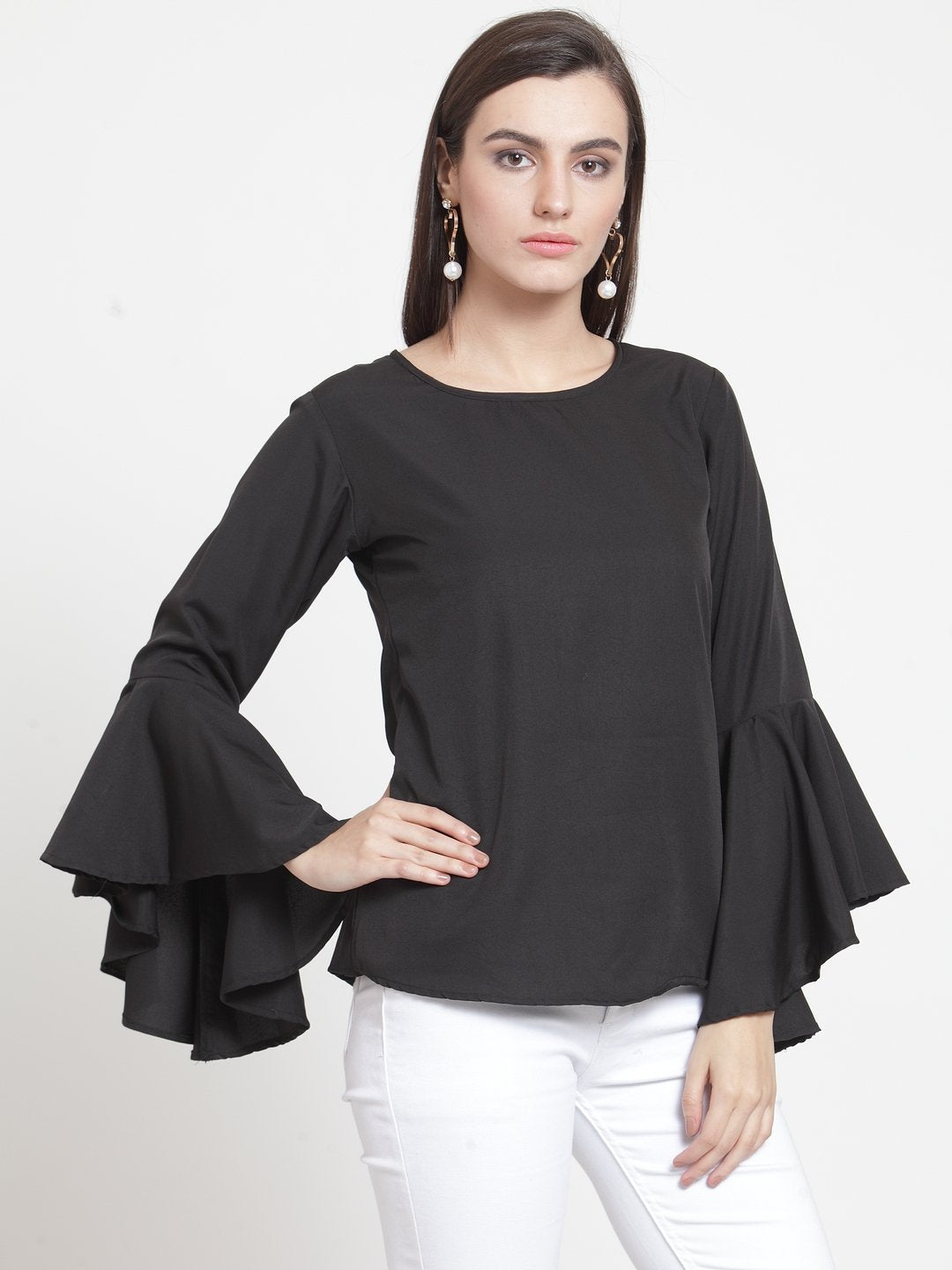 ZARVEY Casual Bell Sleeve Solid Women Black Top