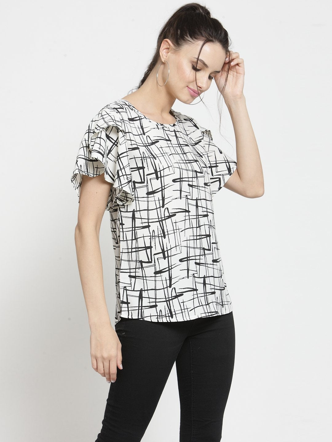 ZARVEY Casual Ruffled Sleeve Printed Women Multicolor Top