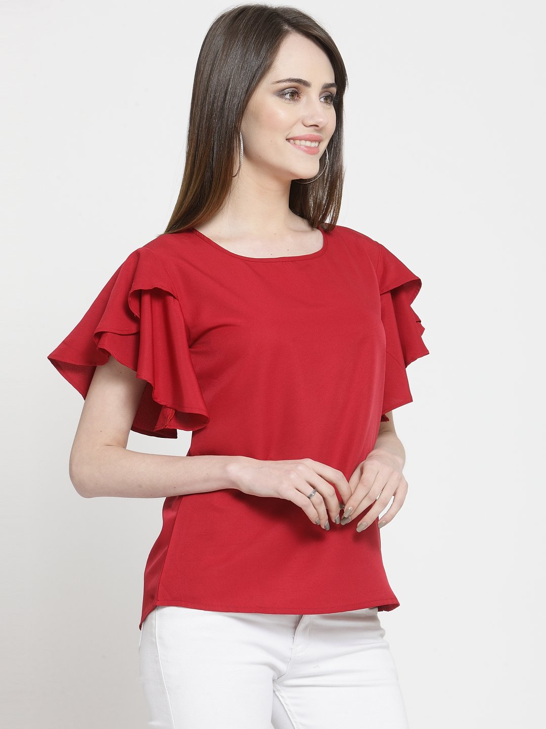 ZARVEY Casual Petal Sleeve Solid Women Maroon Top