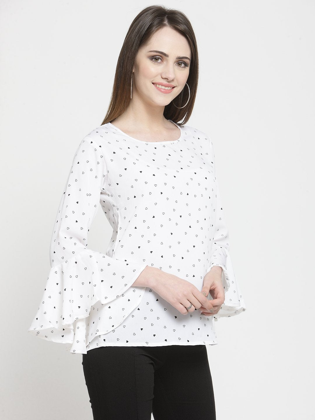 ZARVEY Casual Bell Sleeve Printed Women White Top