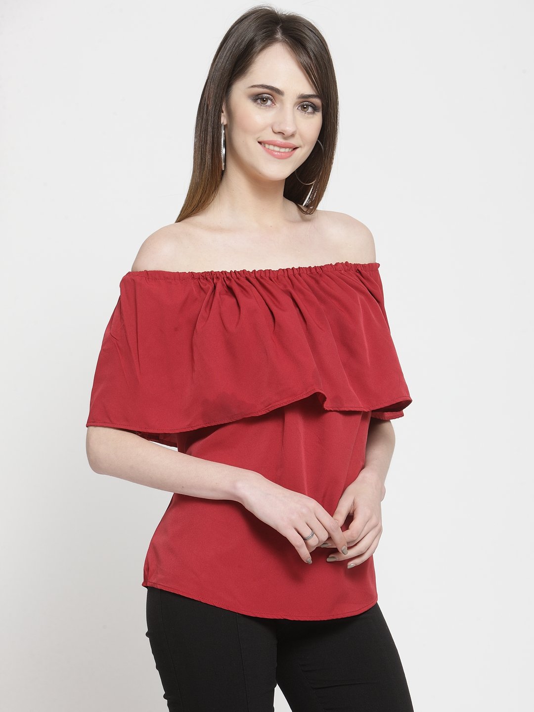 ZARVEY Casual Cape Sleeve Solid Women Maroon Top