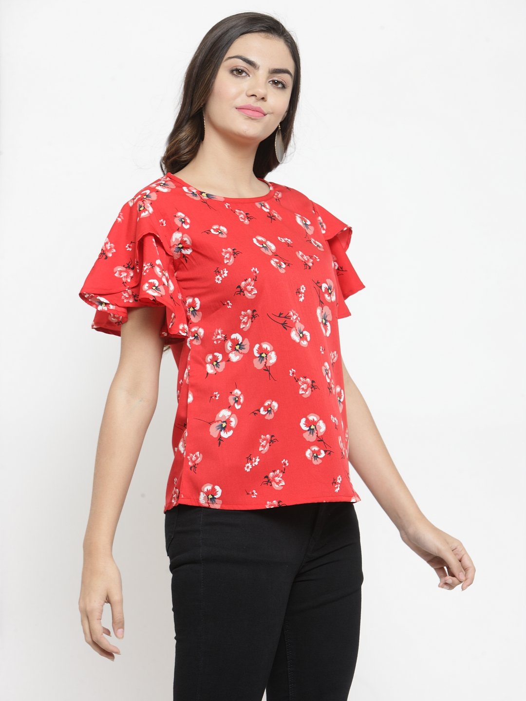 ZARVEY Casual Flared Sleeve Printed Women Red Top