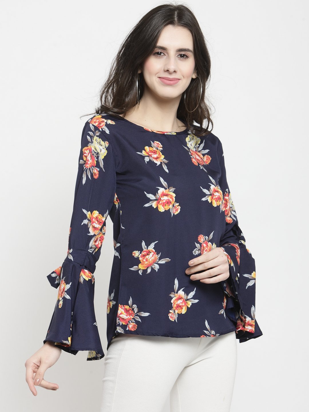 ZARVEY Casual Bell Sleeve Printed Women Dark Blue Top