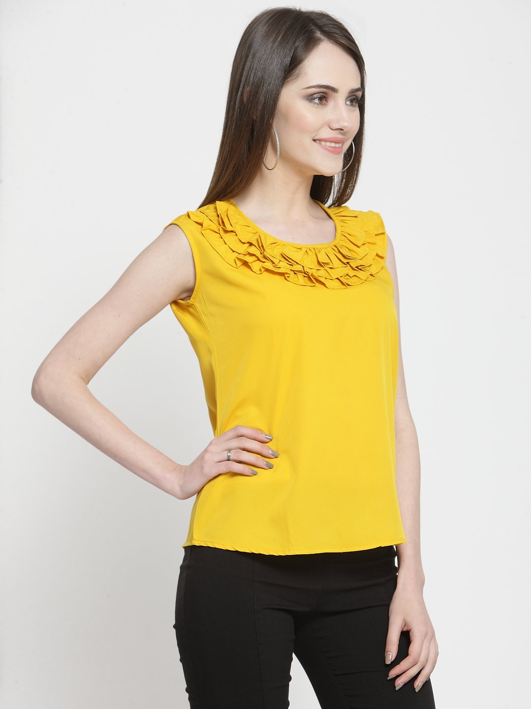 ZARVEY Casual No Sleeve Solid Women Yellow Top