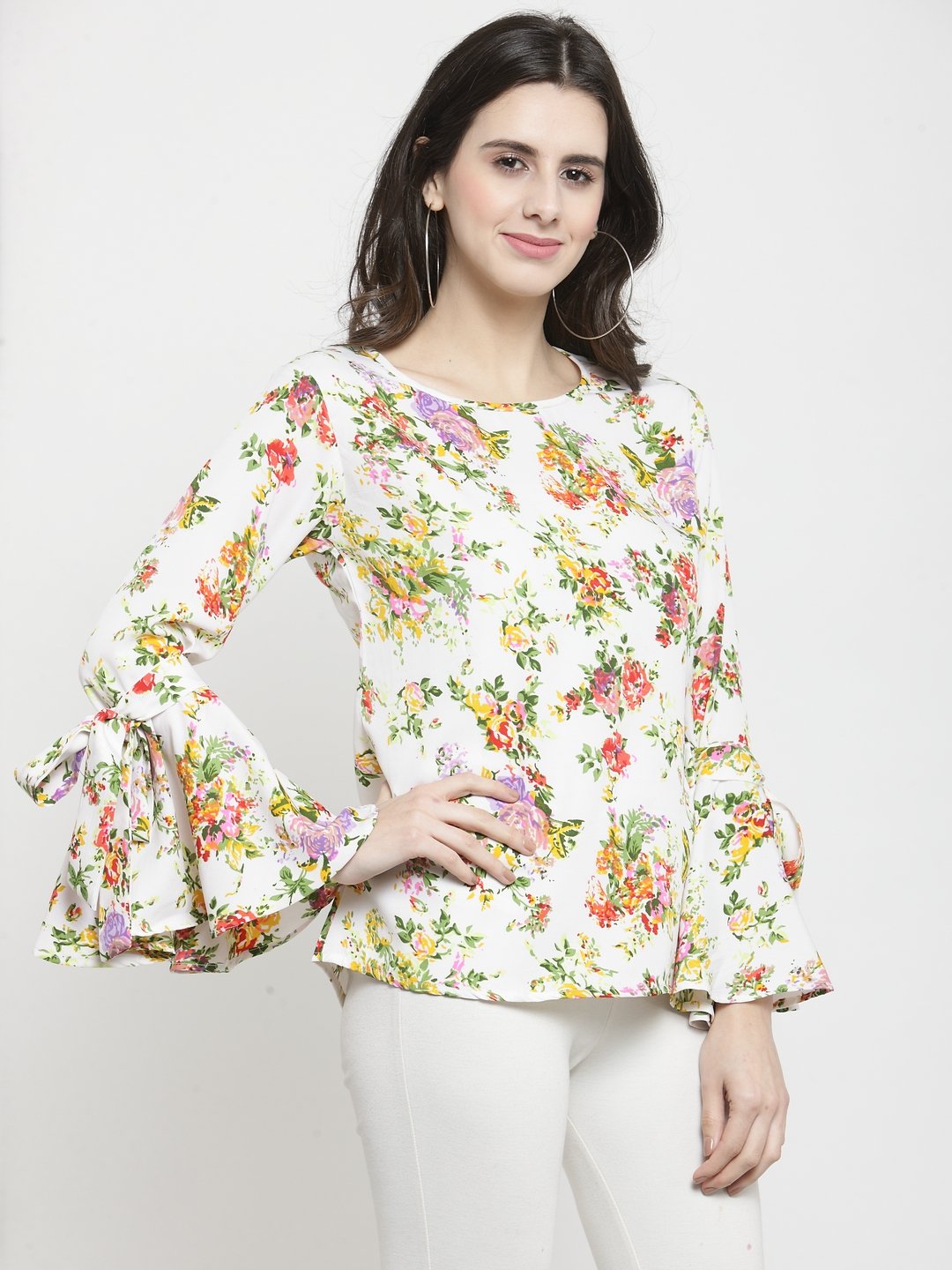 ZARVEY Casual Bell Sleeve Printed Women White Top