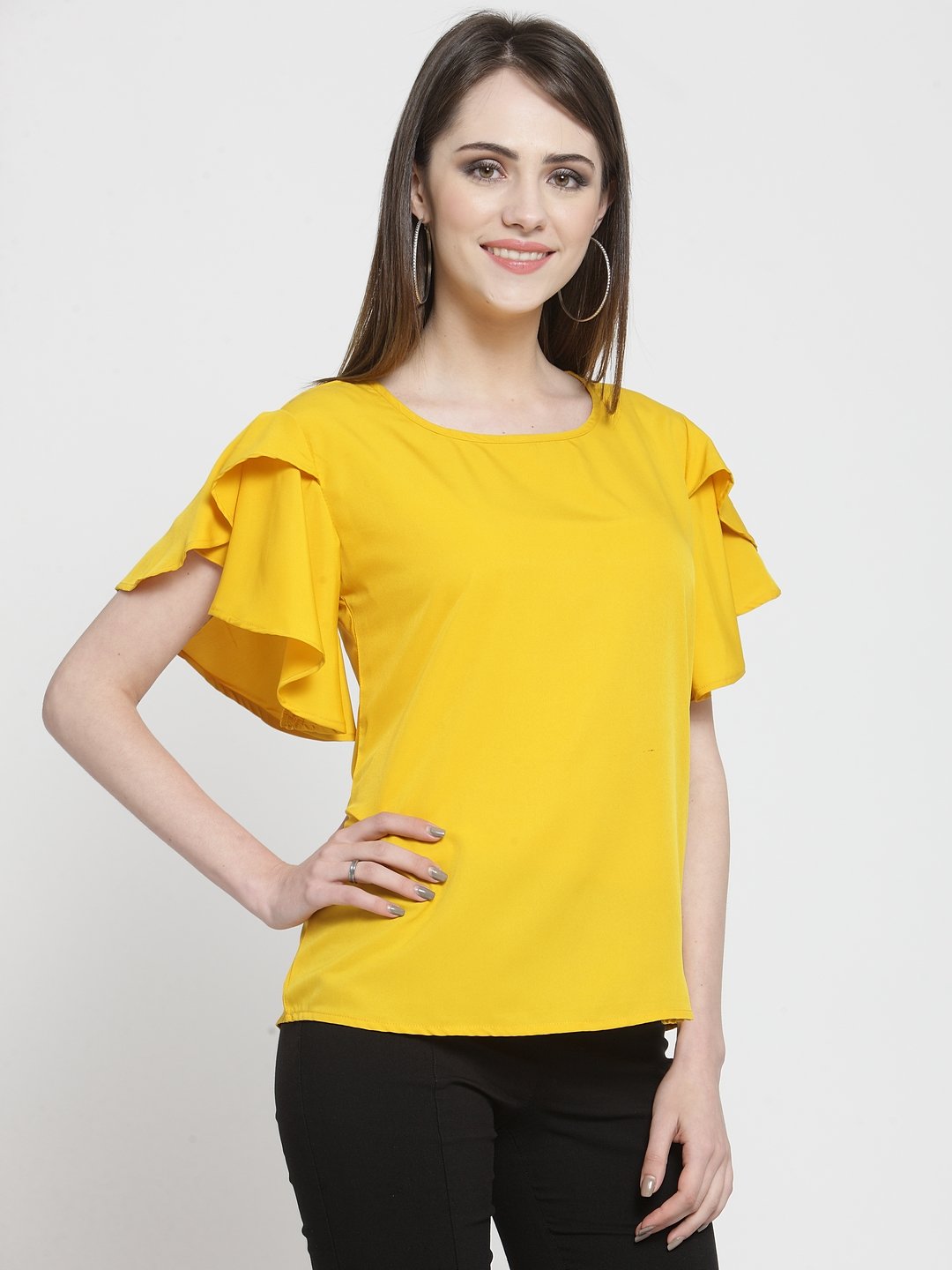 ZARVEY Casual Petal Sleeve Solid Women Yellow Top