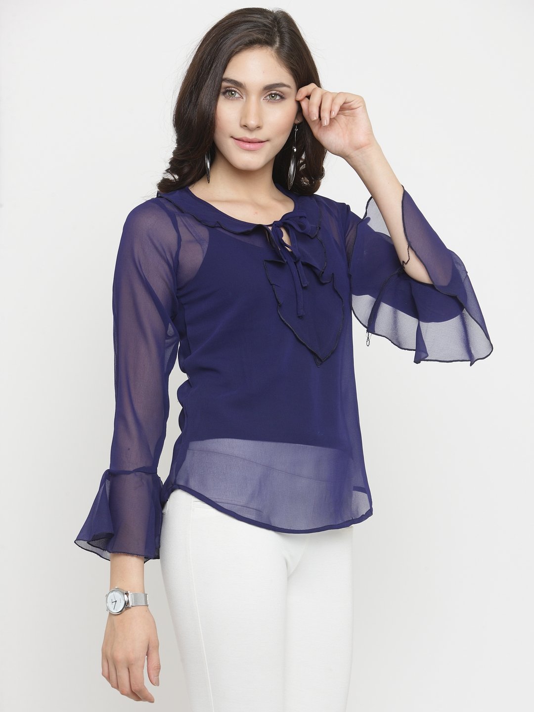 ZARVEY Casual Bell Sleeve Solid Women Blue Top