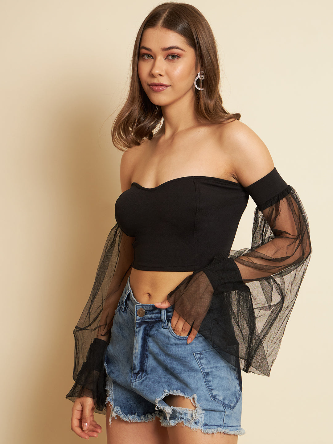 Casual Bishop Sleeve Solid Women Black Top