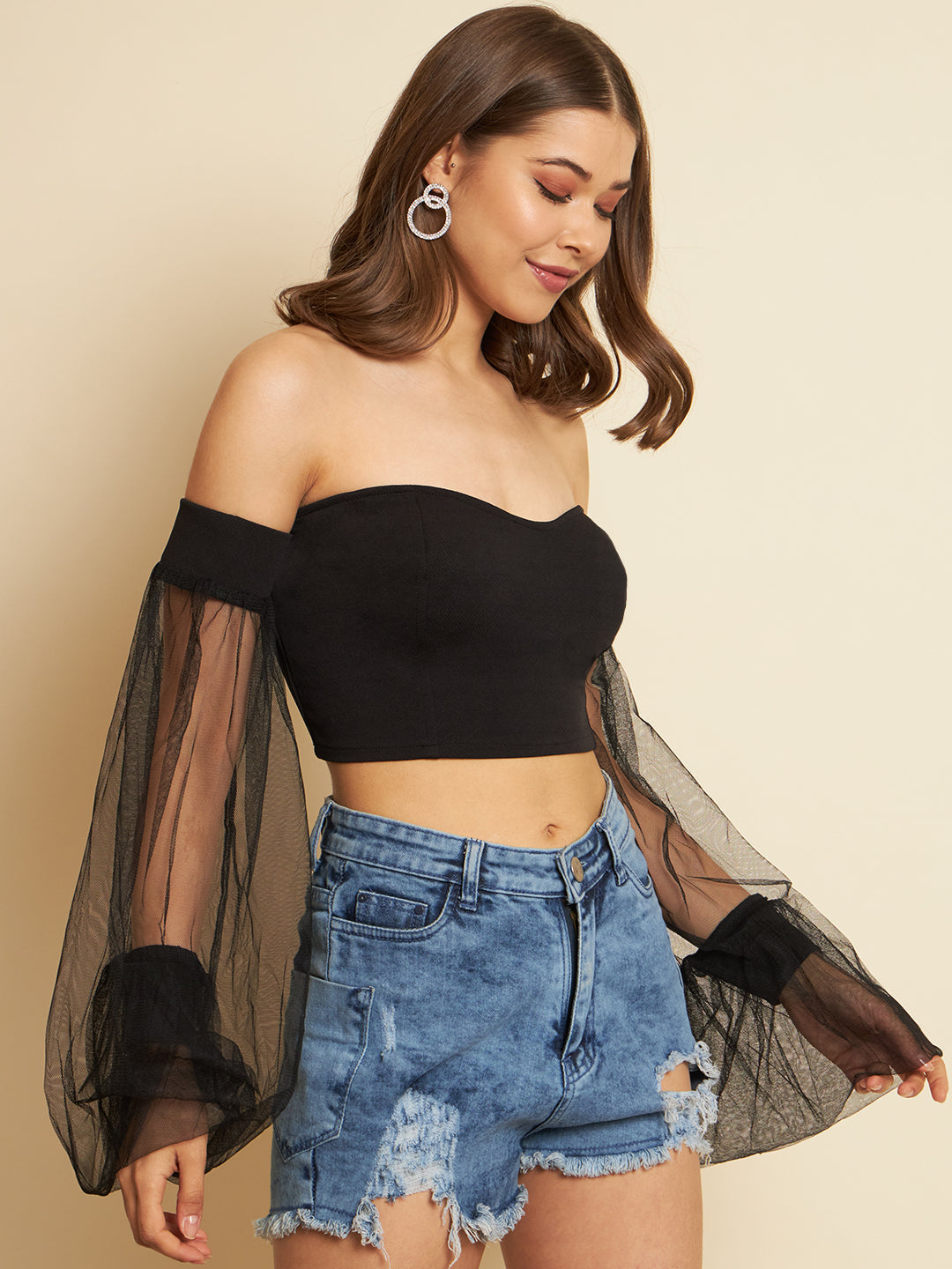 Casual Bishop Sleeve Solid Women Black Top