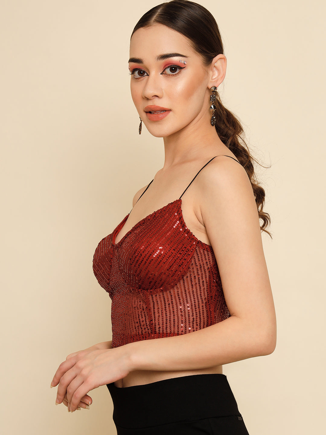 TANDUL  Casual Sleeveless Solid Women Maroon Top