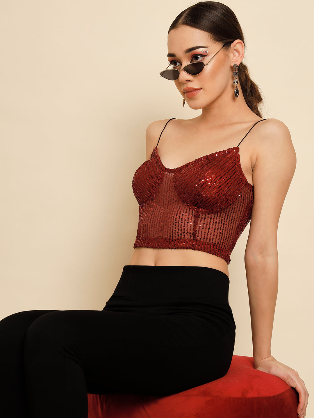 TANDUL  Casual Sleeveless Solid Women Maroon Top