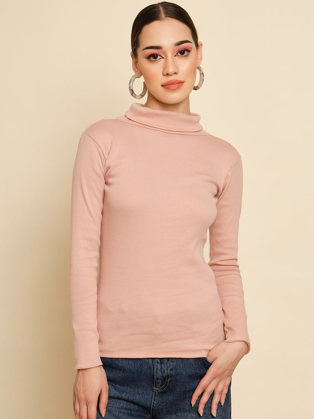 TANDUL  Women Solid High Neck Beige Sweater