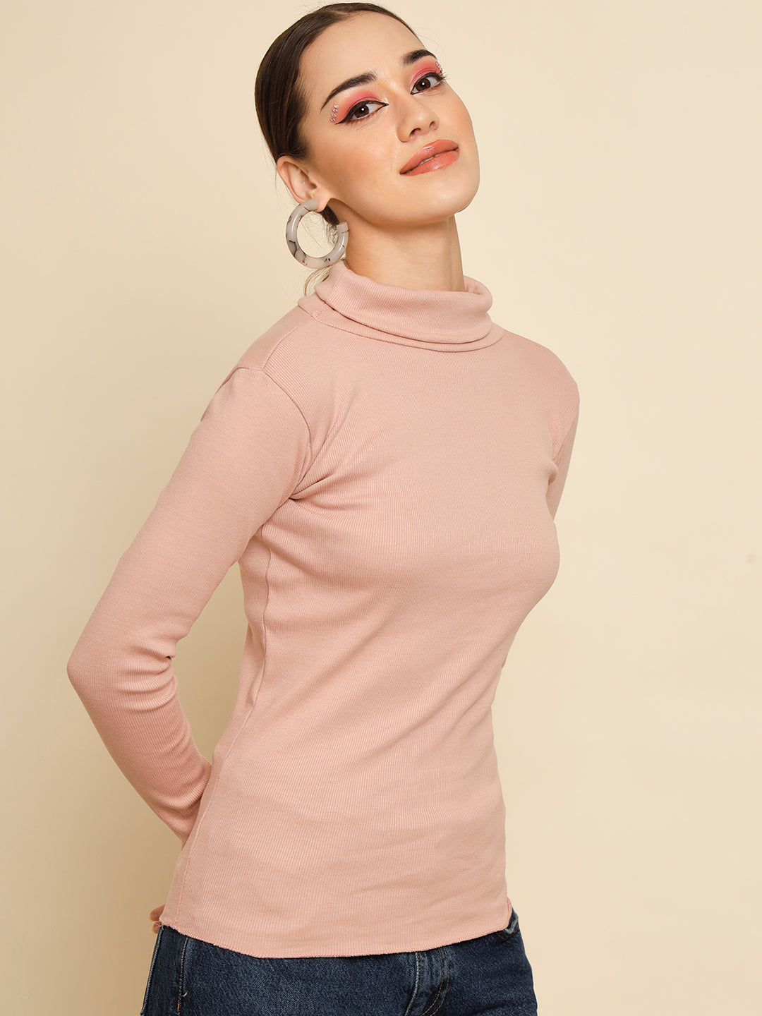 TANDUL  Women Solid High Neck Beige Sweater