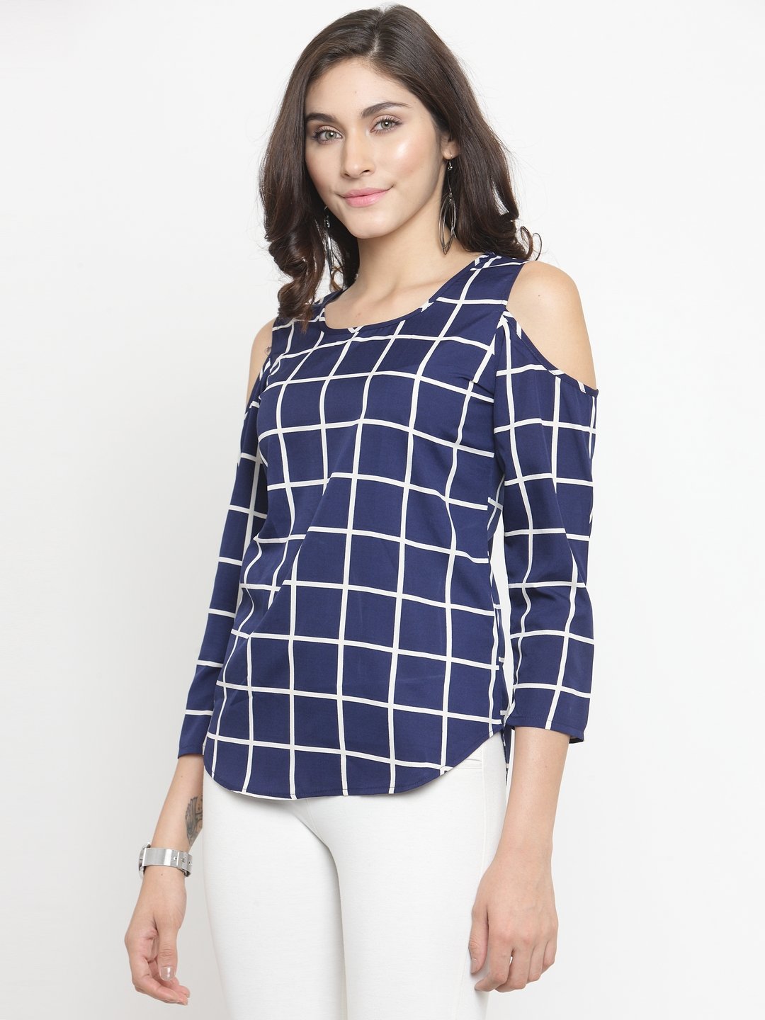 ZARVEY Casual 3/4 Sleeve Checkered Women Multicolor Top