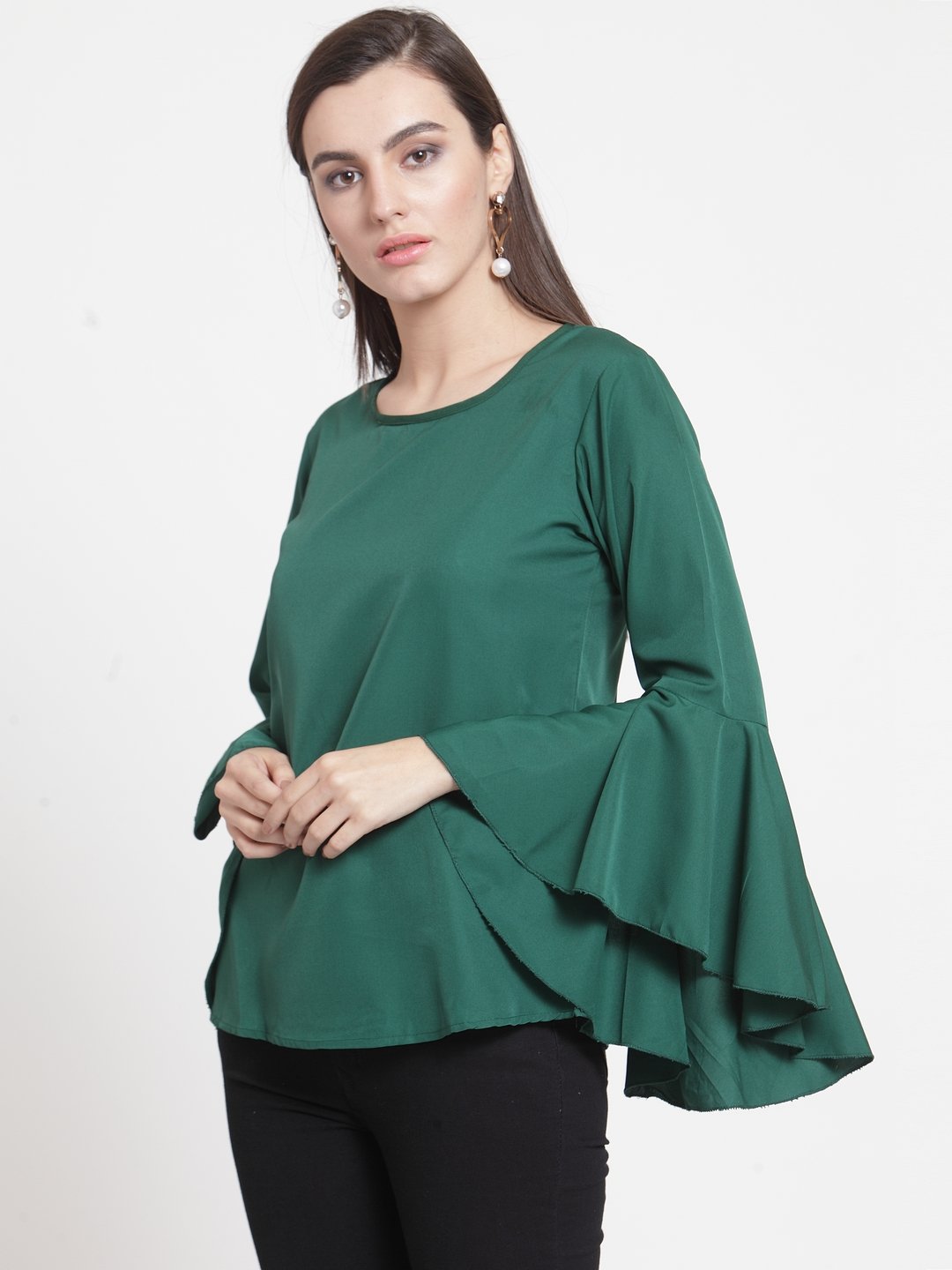 ZARVEY Casual Bell Sleeve Solid Women Dark Green Top