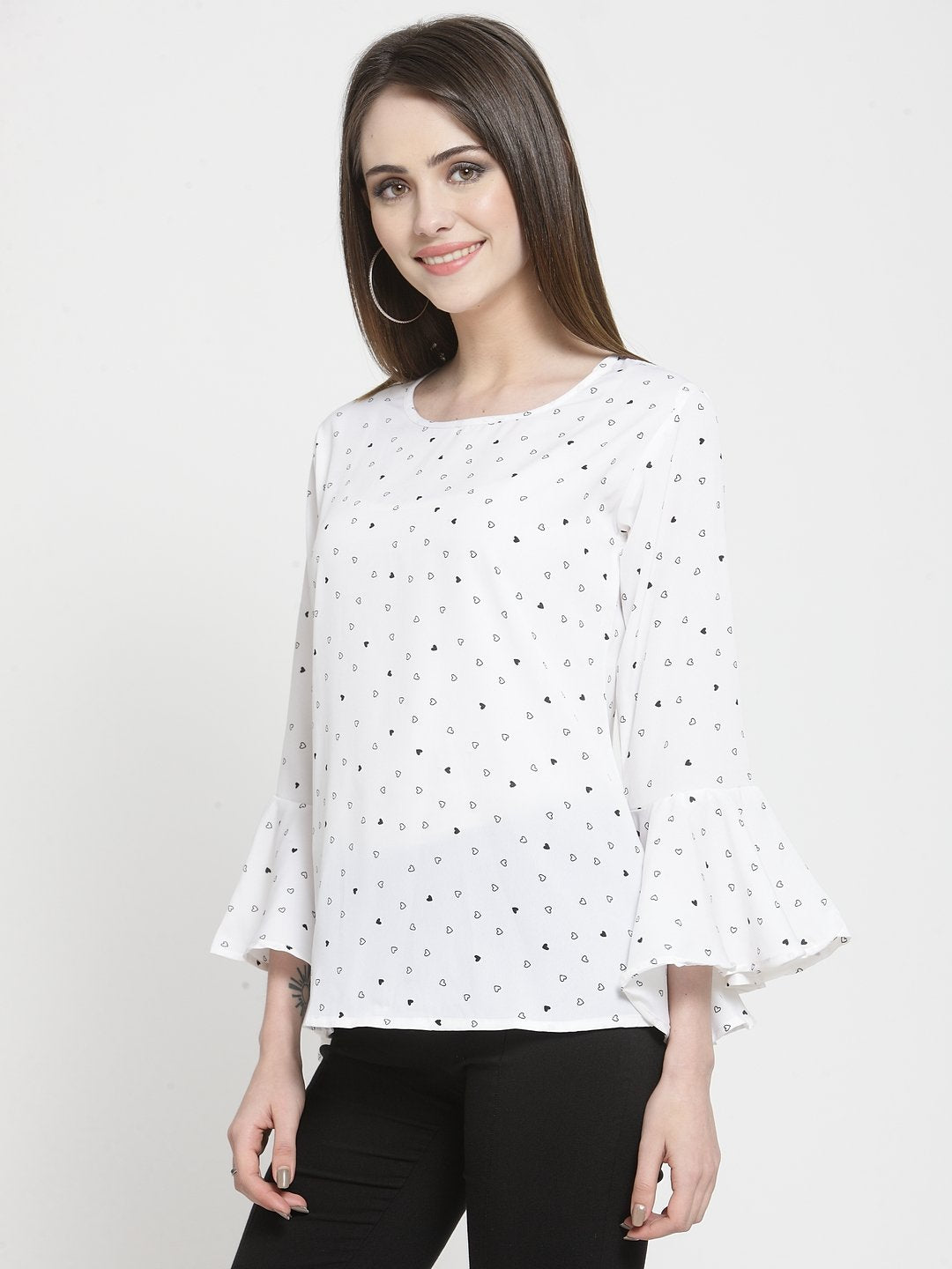 ZARVEY Casual Bell Sleeve Printed Women White Top