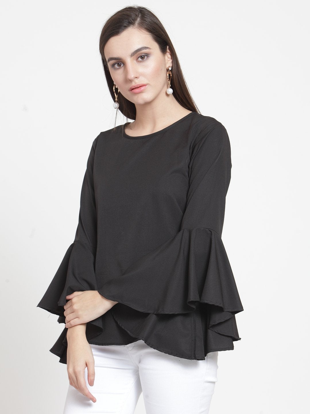 ZARVEY Casual Bell Sleeve Solid Women Black Top