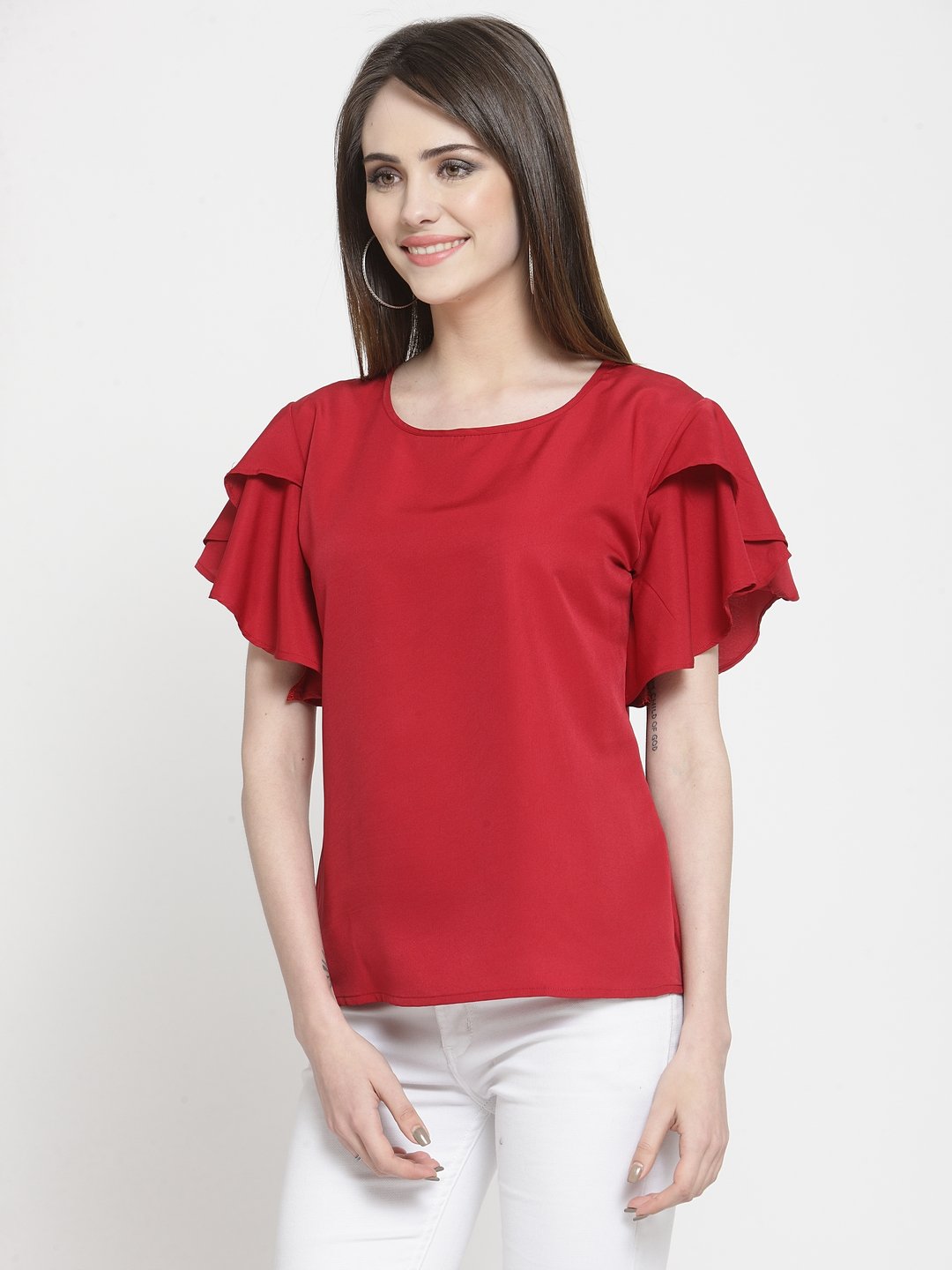 ZARVEY Casual Petal Sleeve Solid Women Maroon Top