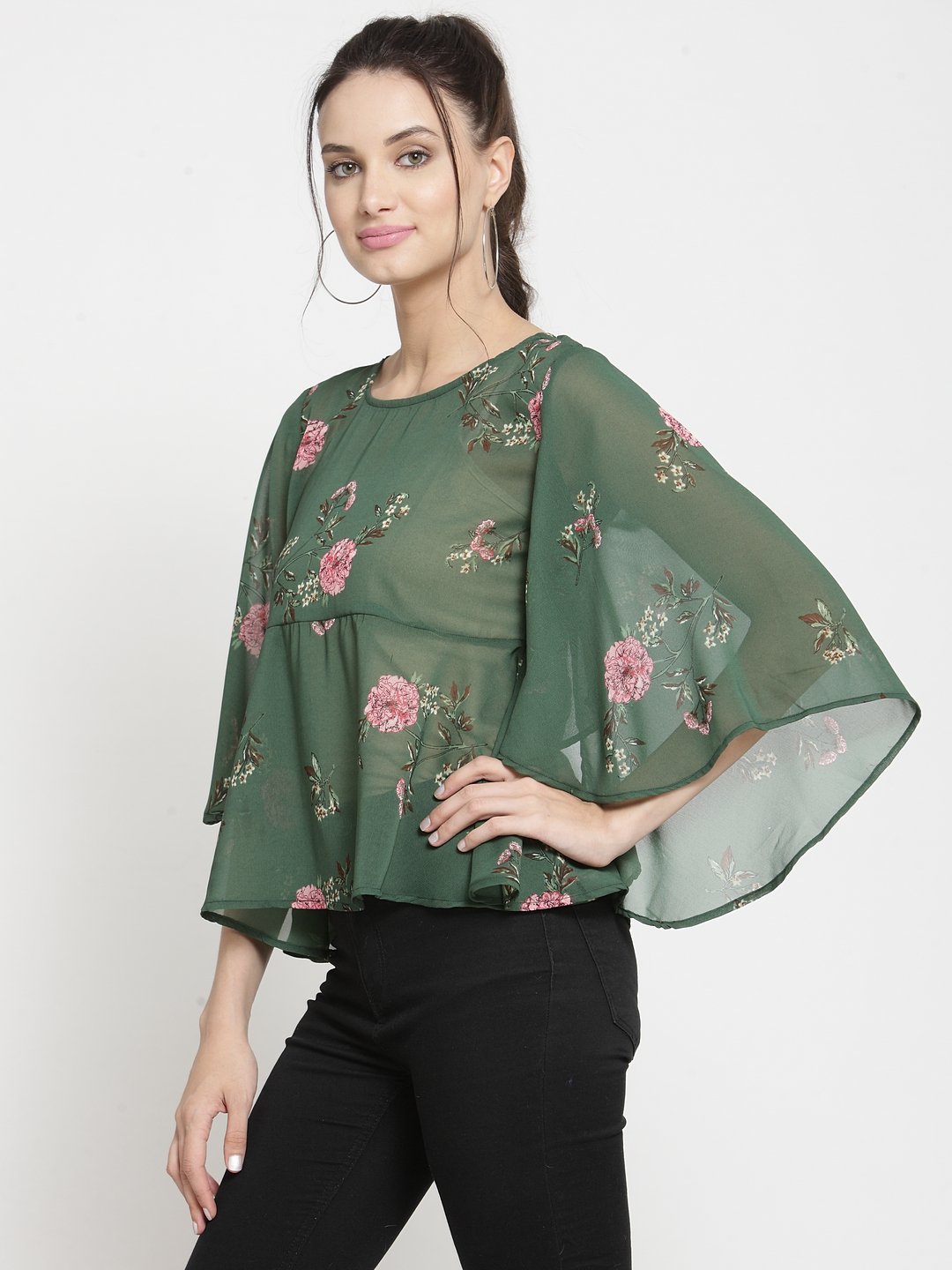 ZARVEY Casual Flared Sleeve Printed Women Dark Green, Pink Top