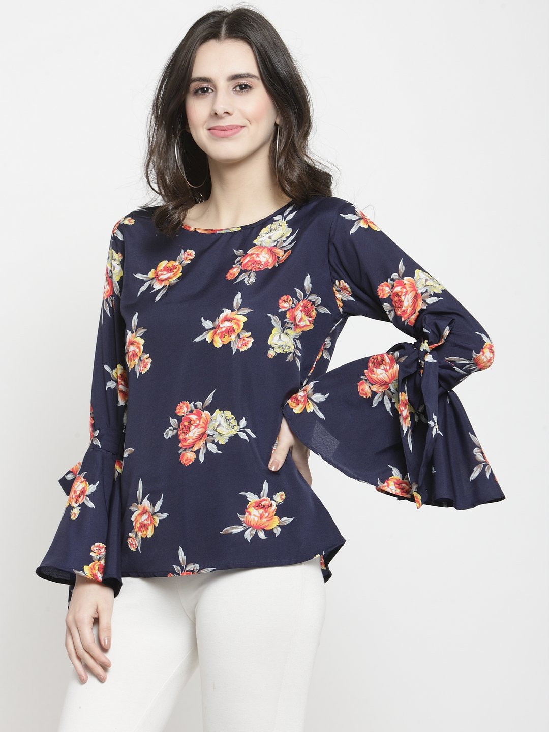 ZARVEY Casual Bell Sleeve Printed Women Dark Blue Top