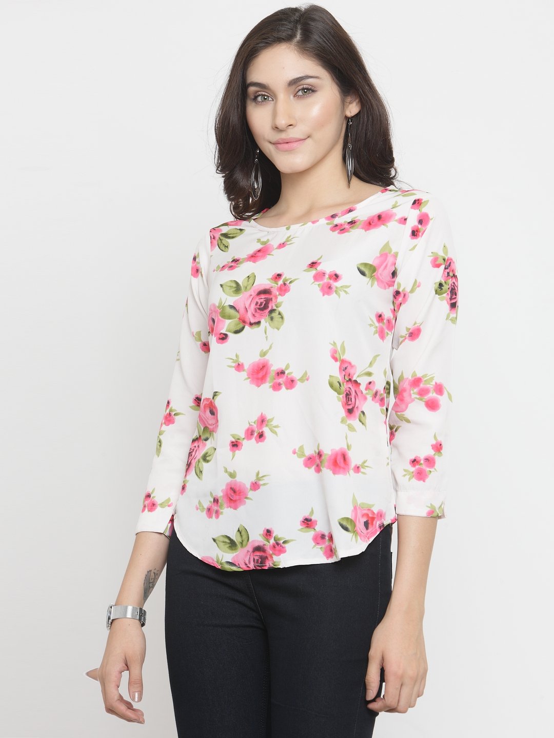 TANDUL Casual 3/4 Sleeve Floral Print Women Multicolor Top