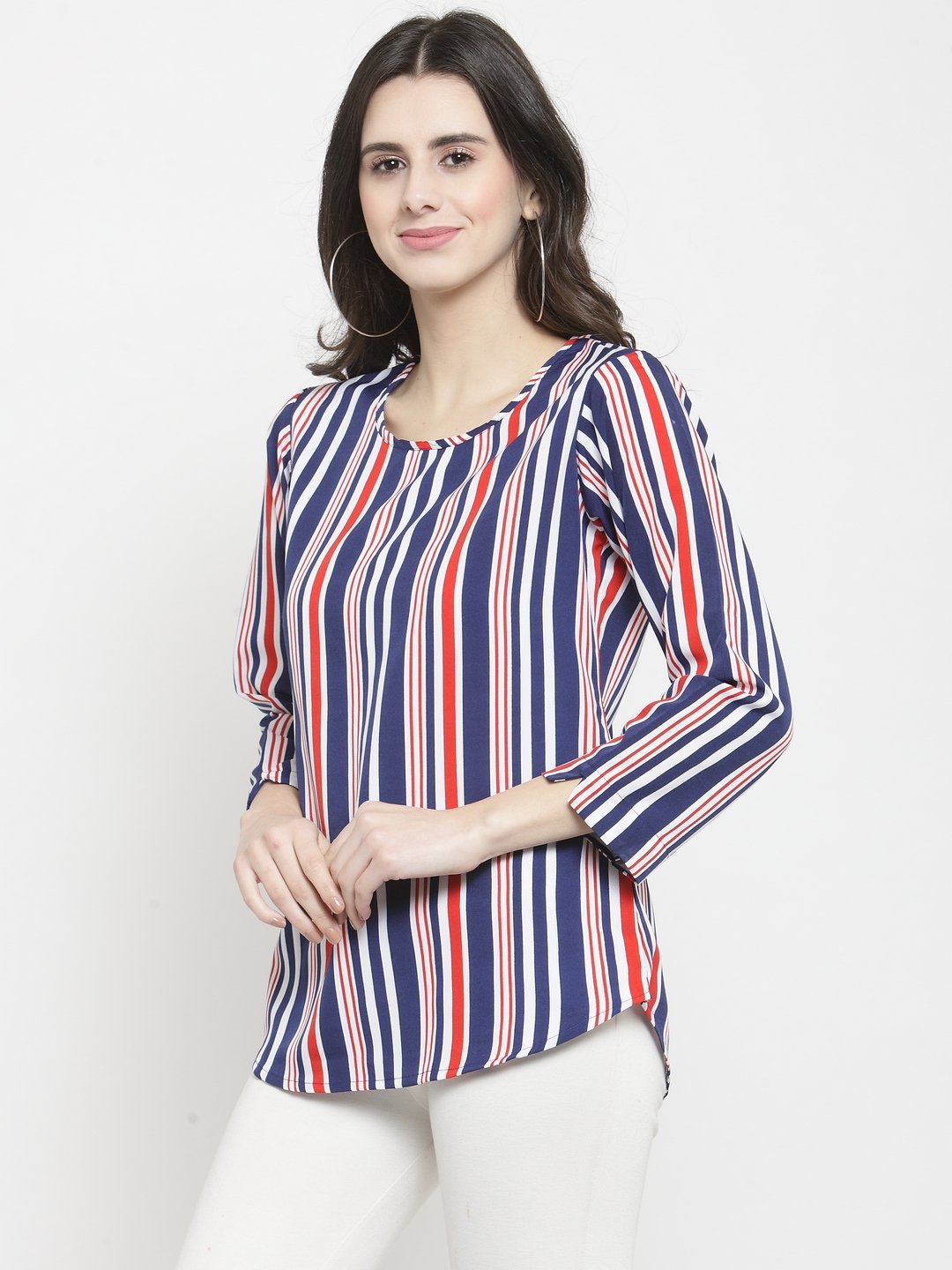 ZARVEY Casual Regular Sleeve Striped Women Red, White, Blue Top