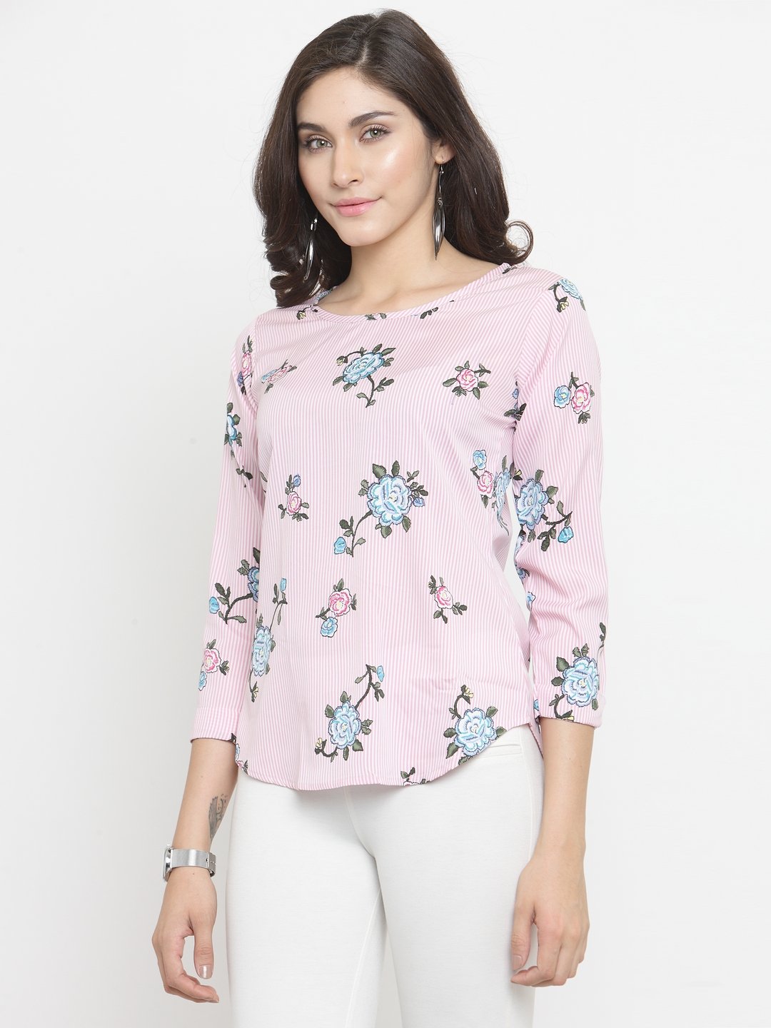 ZARVEY Casual 3/4 Sleeve Floral Print Women Multicolor Top