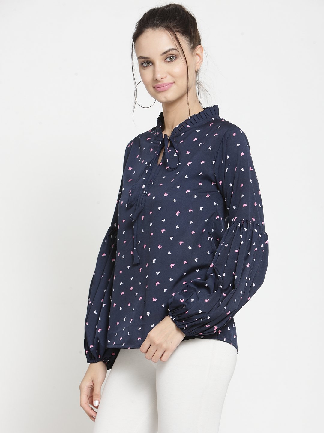 ZARVEY Casual Puff Sleeve Printed Women Blue Top