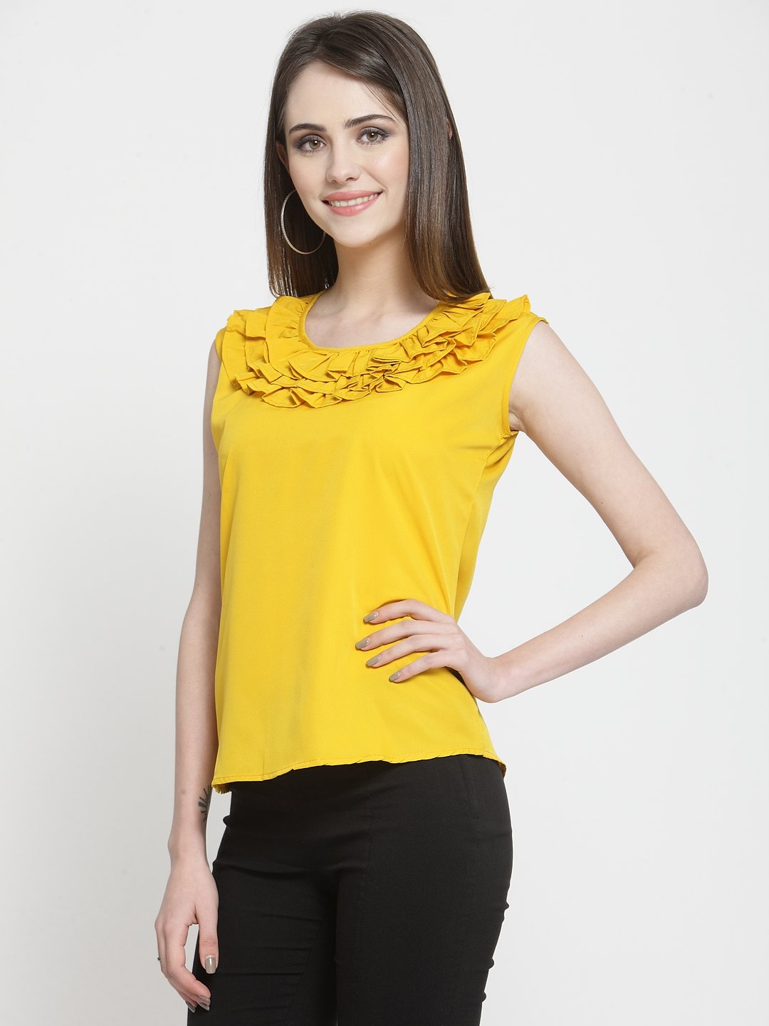 ZARVEY Casual No Sleeve Solid Women Yellow Top