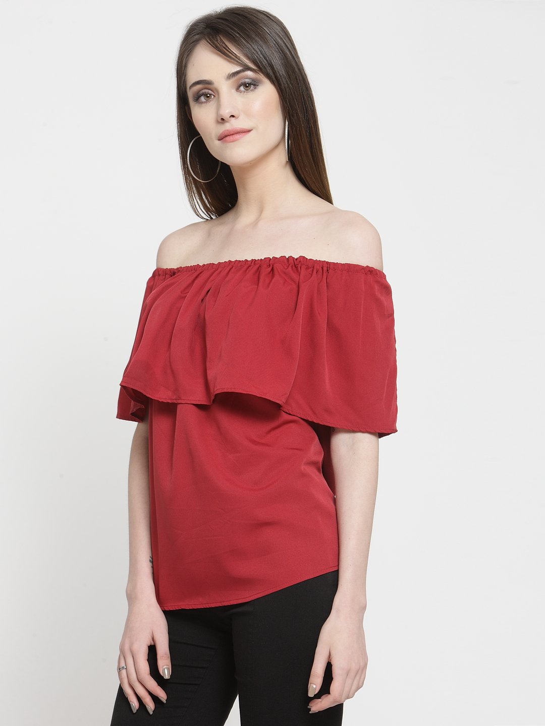 ZARVEY Casual Cape Sleeve Solid Women Maroon Top