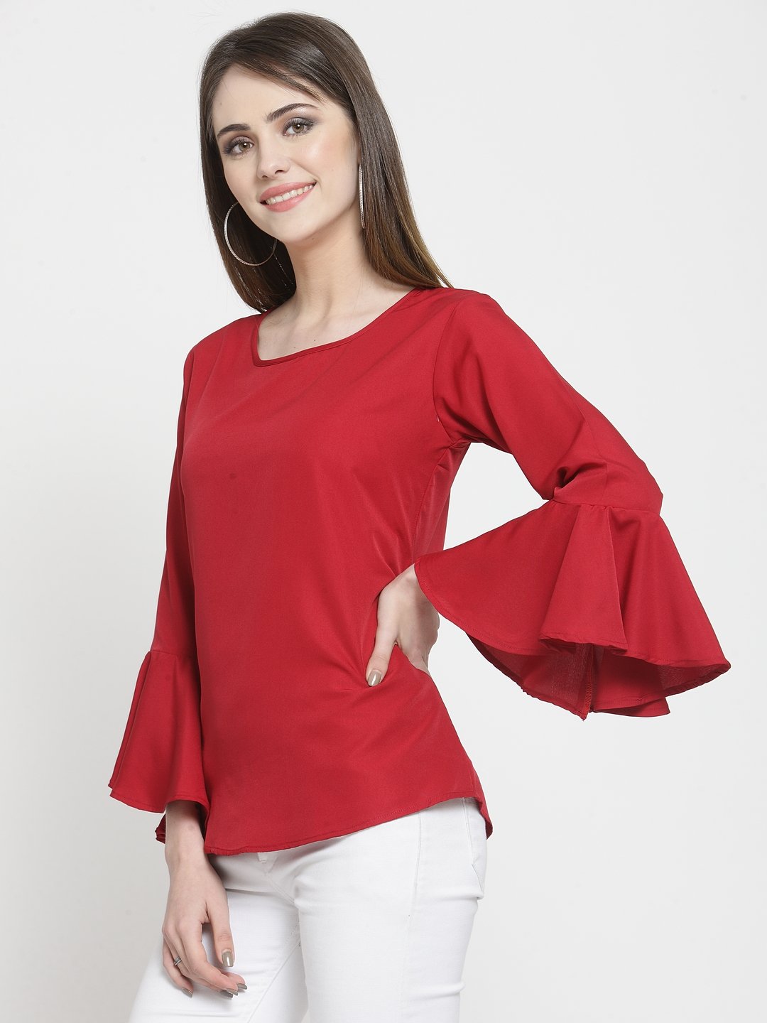 ZARVEY Party Bell Sleeve Solid Women Maroon Top