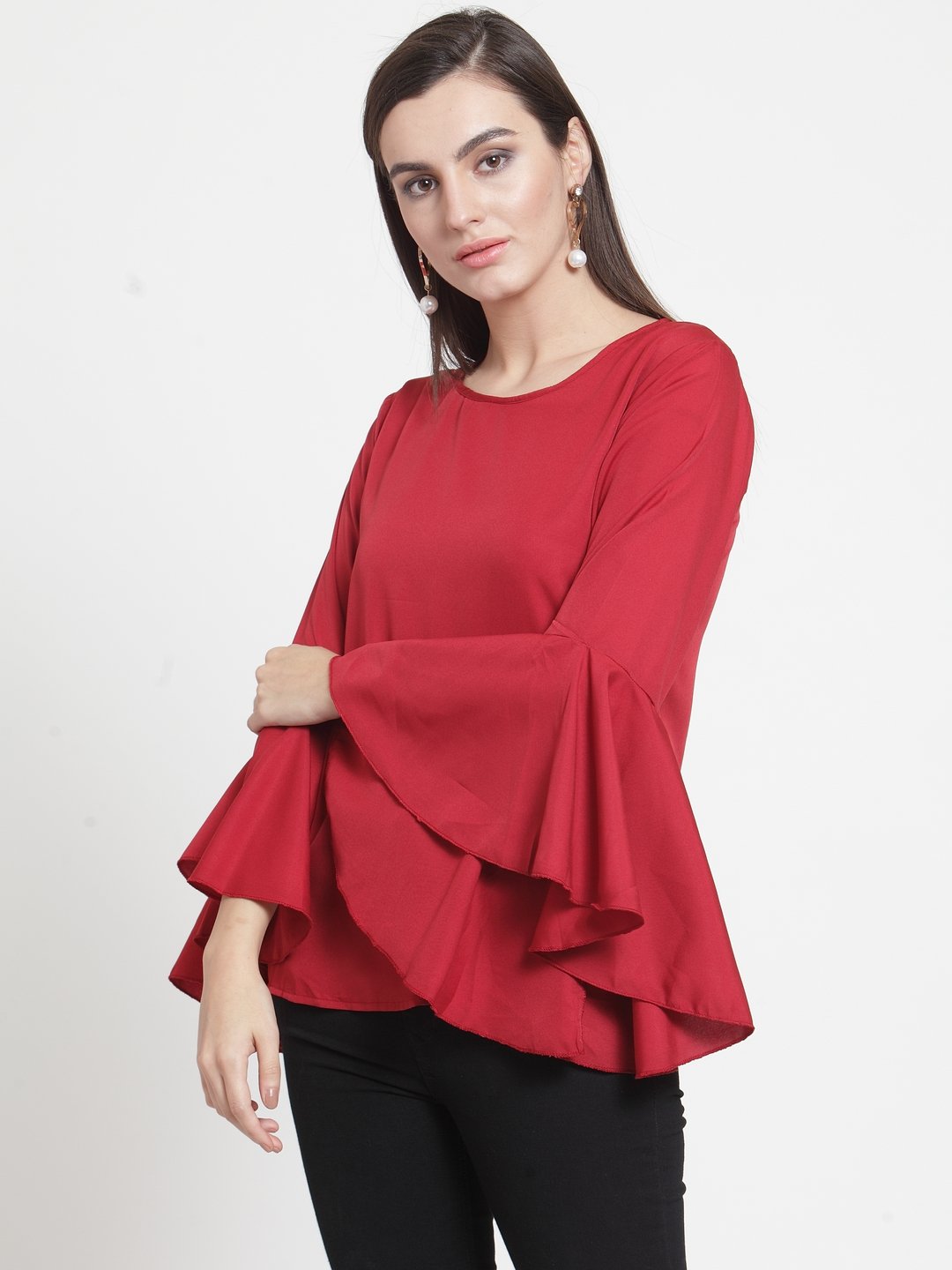 ZARVEY Casual Bell Sleeve Solid Women Maroon Top