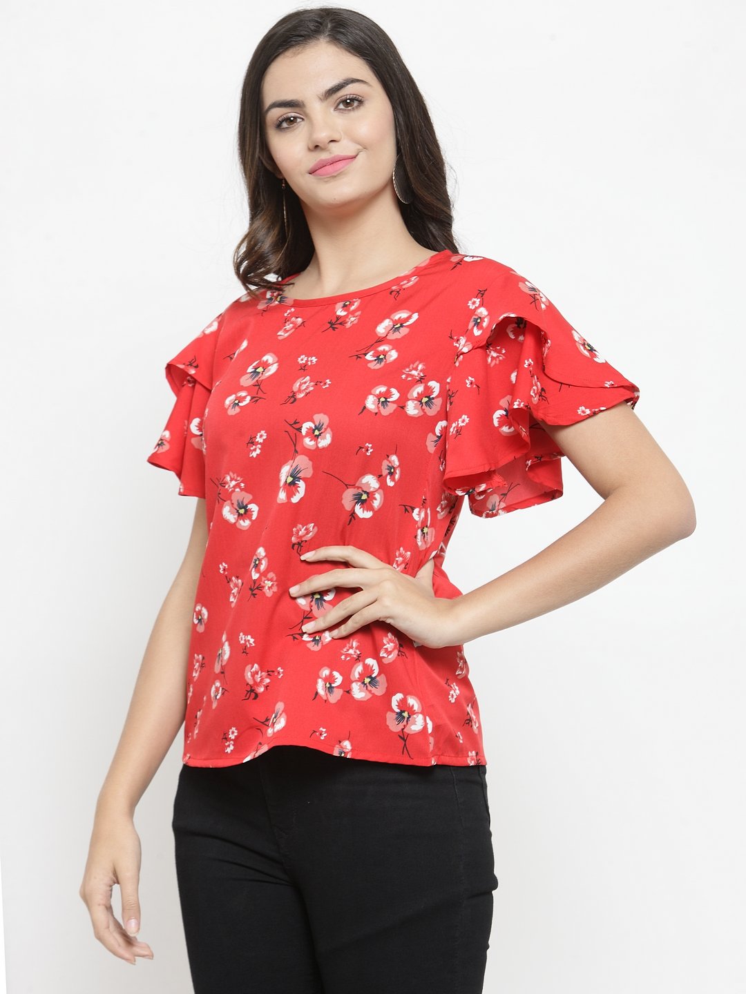 ZARVEY Casual Flared Sleeve Printed Women Red Top