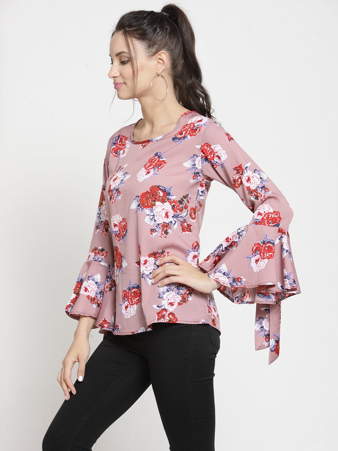 ZARVEY Casual Flute Sleeve Printed Women Multicolor Top