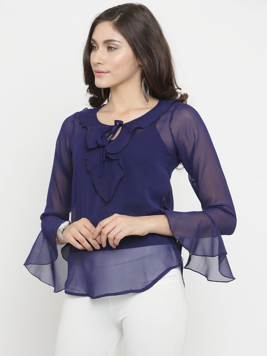 ZARVEY Casual Bell Sleeve Solid Women Blue Top